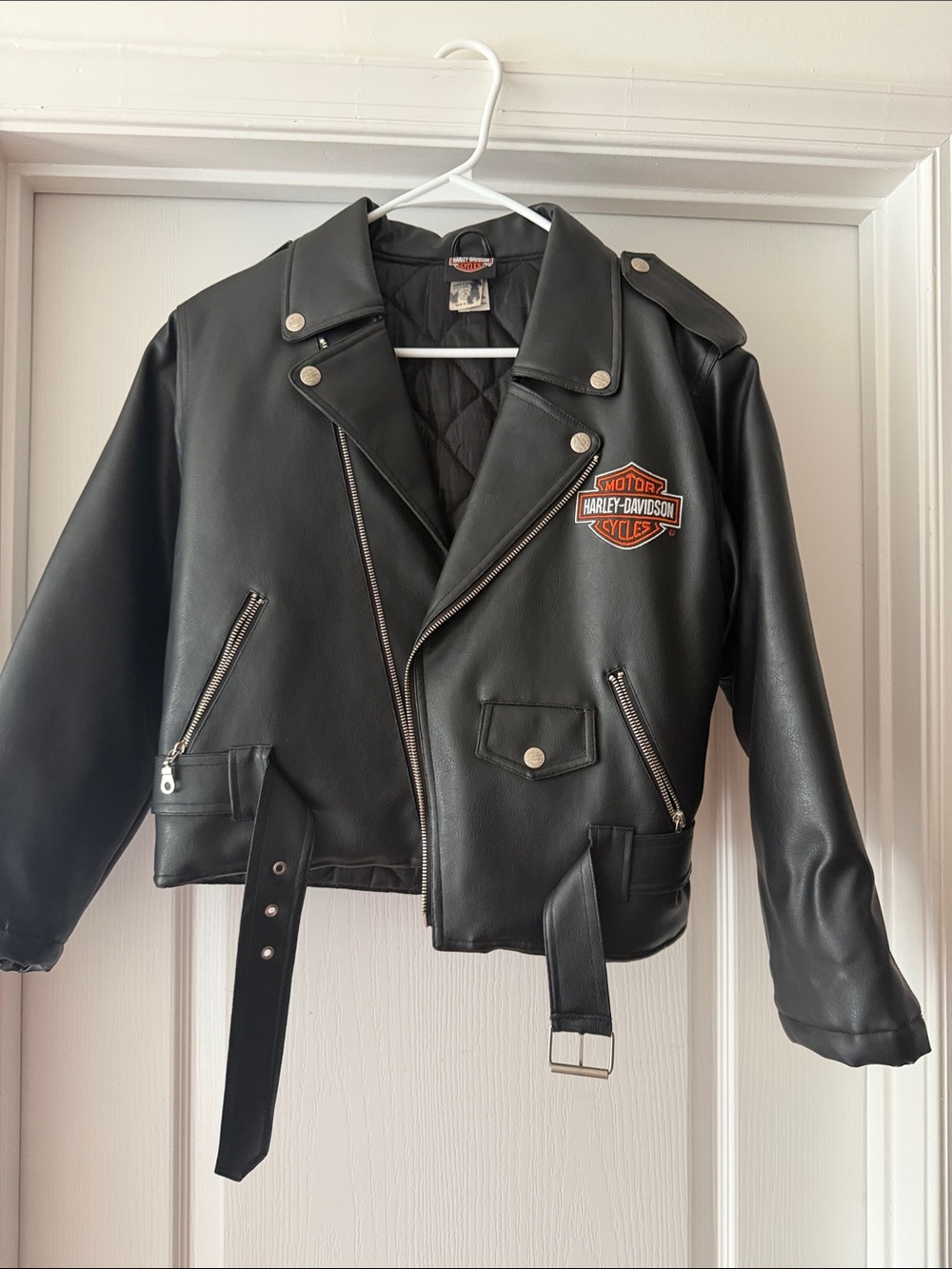 Harley-Davidson Black Leather-Look Kids Moto Jacket with Orange Patch